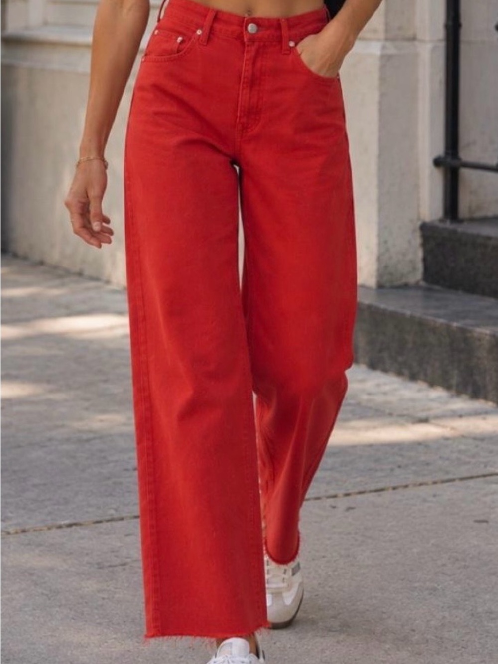 pistola Penny High Rise Wide-Leg Crop Jeans in Vibrant Orange-Red